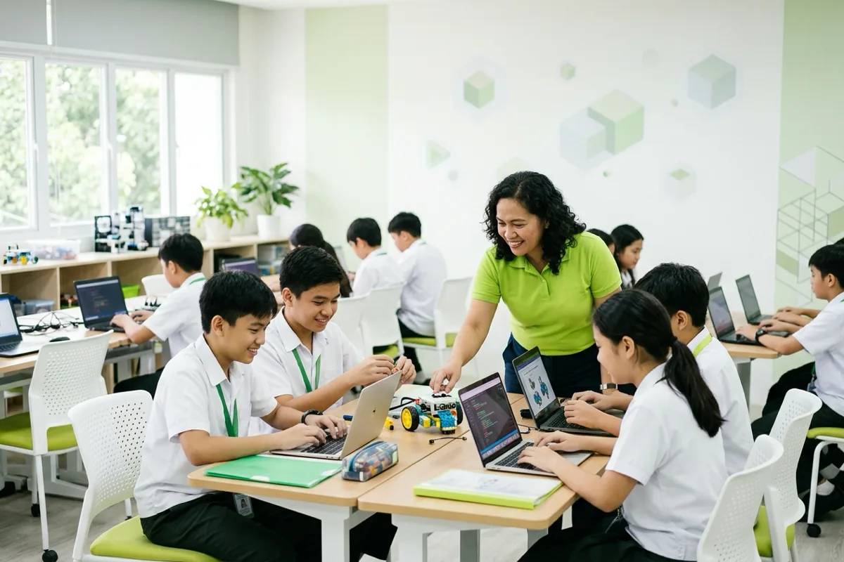 Students build a small robot and code on laptops in a school computer lab with an instructor guiding them