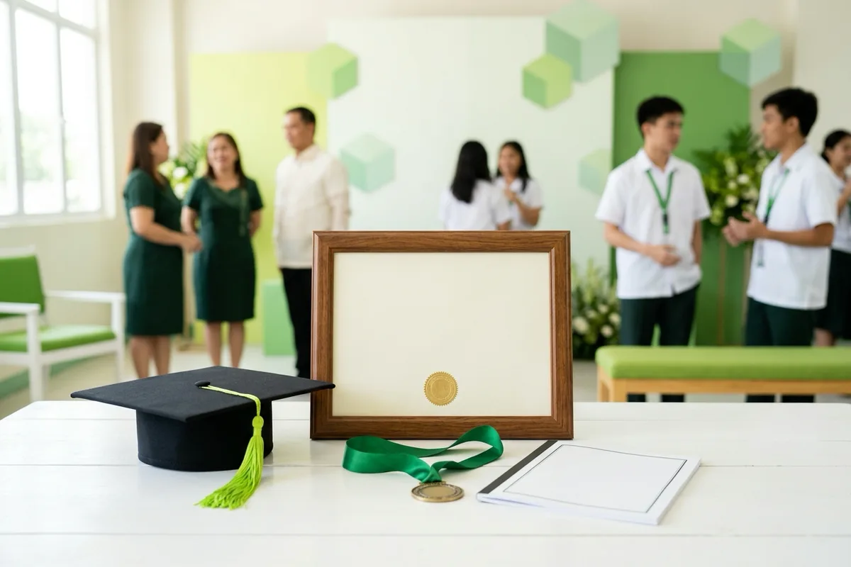 A graduation cap, wooden diploma frame, honors medal on a green ribbon and a ceremony program on a white table